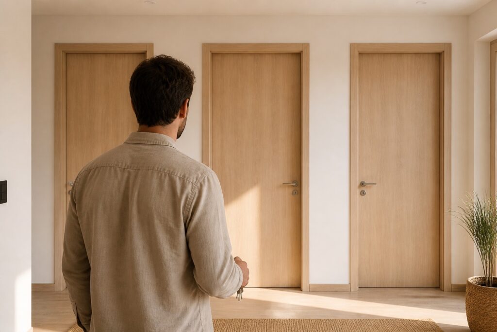 Tři cesty pronájmu bytu – majitel s klíči se rozhoduje mezi třemi dveřmi